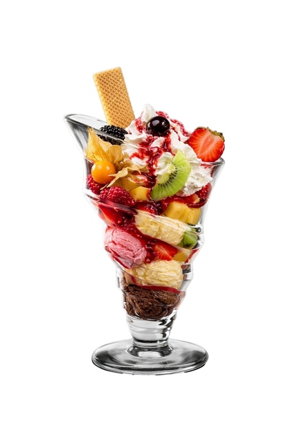 COPPA GELATO® Portofino Eisbecher mit geschichtetem Eis, frischen Früchten, Sahne und Waffel in einem Glas