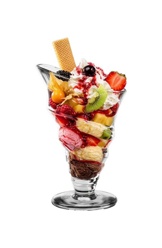 COPPA GELATO® Portofino Eisbecher mit geschichtetem Eis, frischen Früchten, Sahne und Waffel in einem Glas